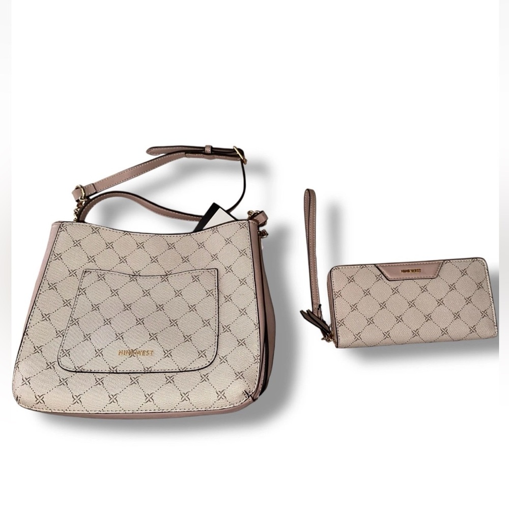 NWT NINE WEST Kensington Marble Logo Crossbody w/Matching Wristlet in Mushroom